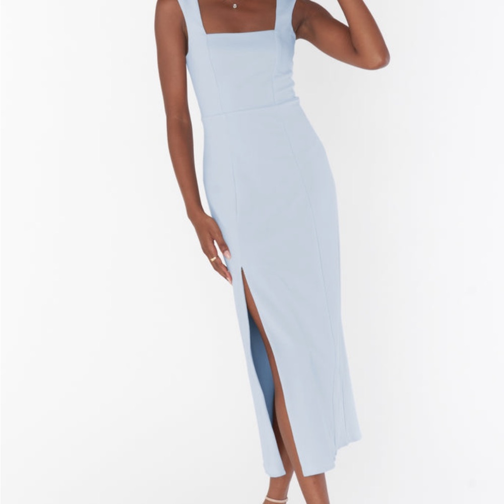 Show Me Your Mumu Eden Dress in Steel Blue with Sash Belt